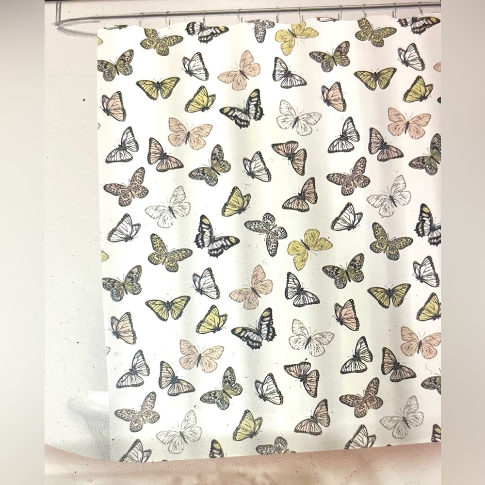 13-pc Butterfly PEVA Shower Curtain Semi-Clear Yellow Pink Butterflies Hooks NWT